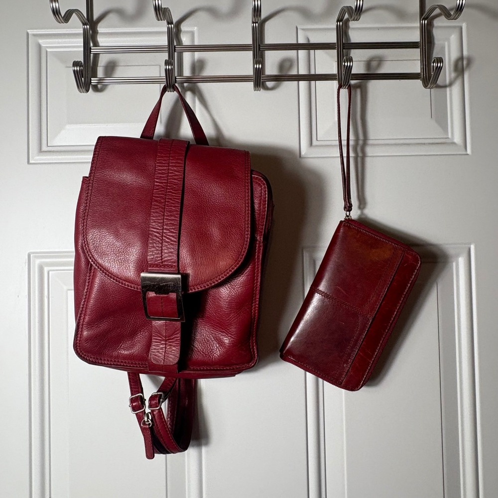 P&Y Red Leather Convertible Sling Backpack and Diba True Wristlet Wallet Set